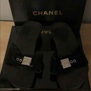 Chanel black suede studded wood sandals